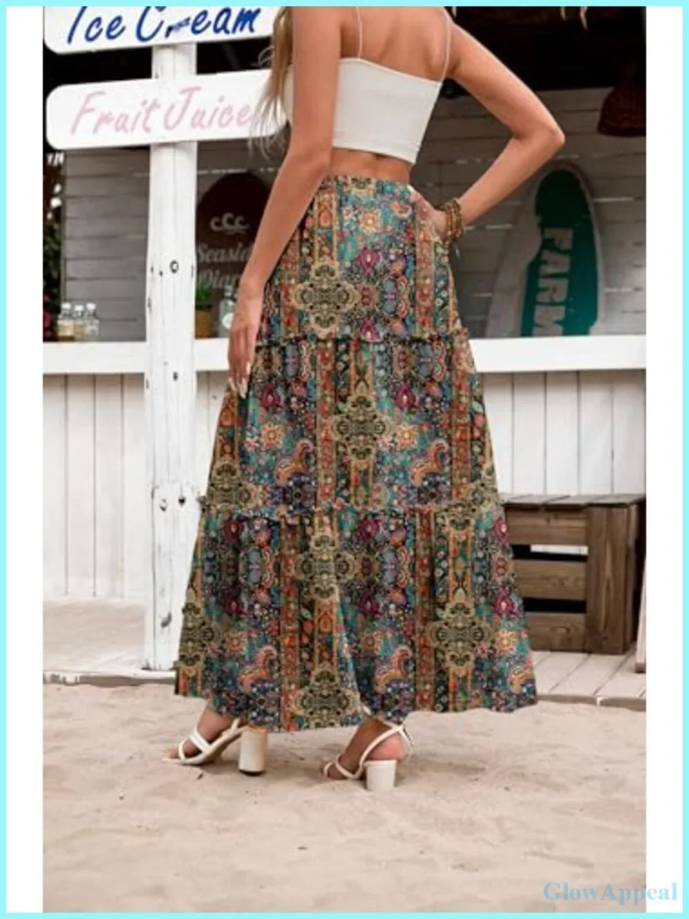 Boho Floral Maxi Skirt High Waist A-Line Long Flowy Skirt with Pockets